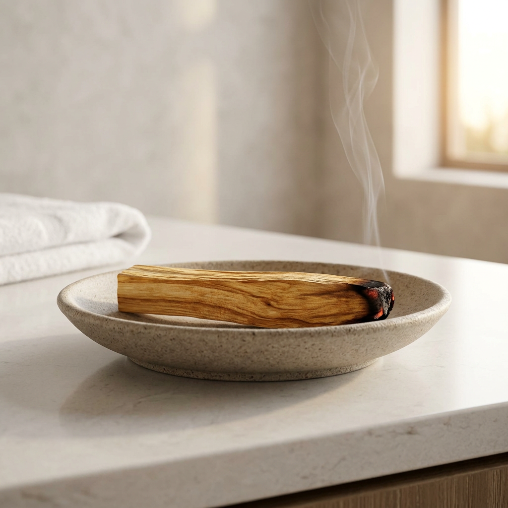 Palo santo stick smoldering in a heat-safe dish