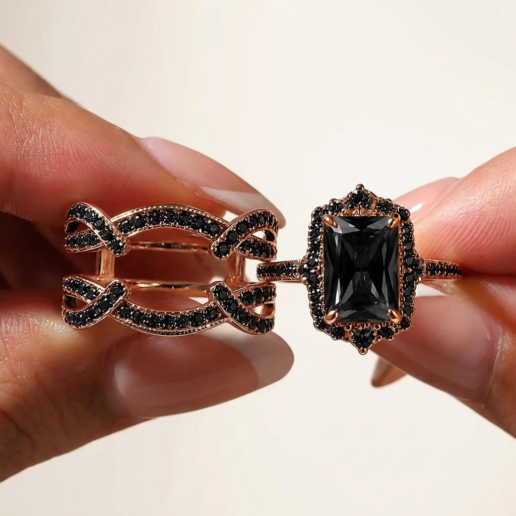 Ring components held between fingertips against a clean ivory background