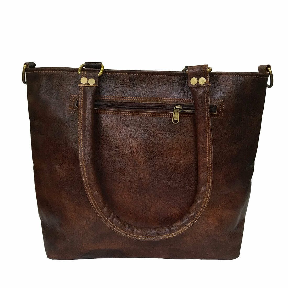 Brown leather tote bag with gold hardware on a white background