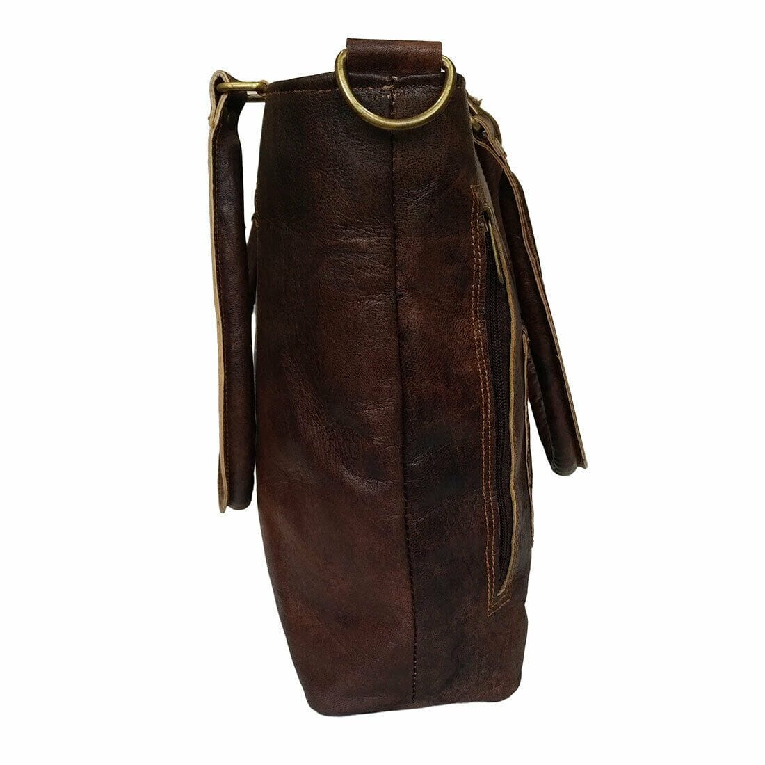 Brown leather bag with gold accents on a white background