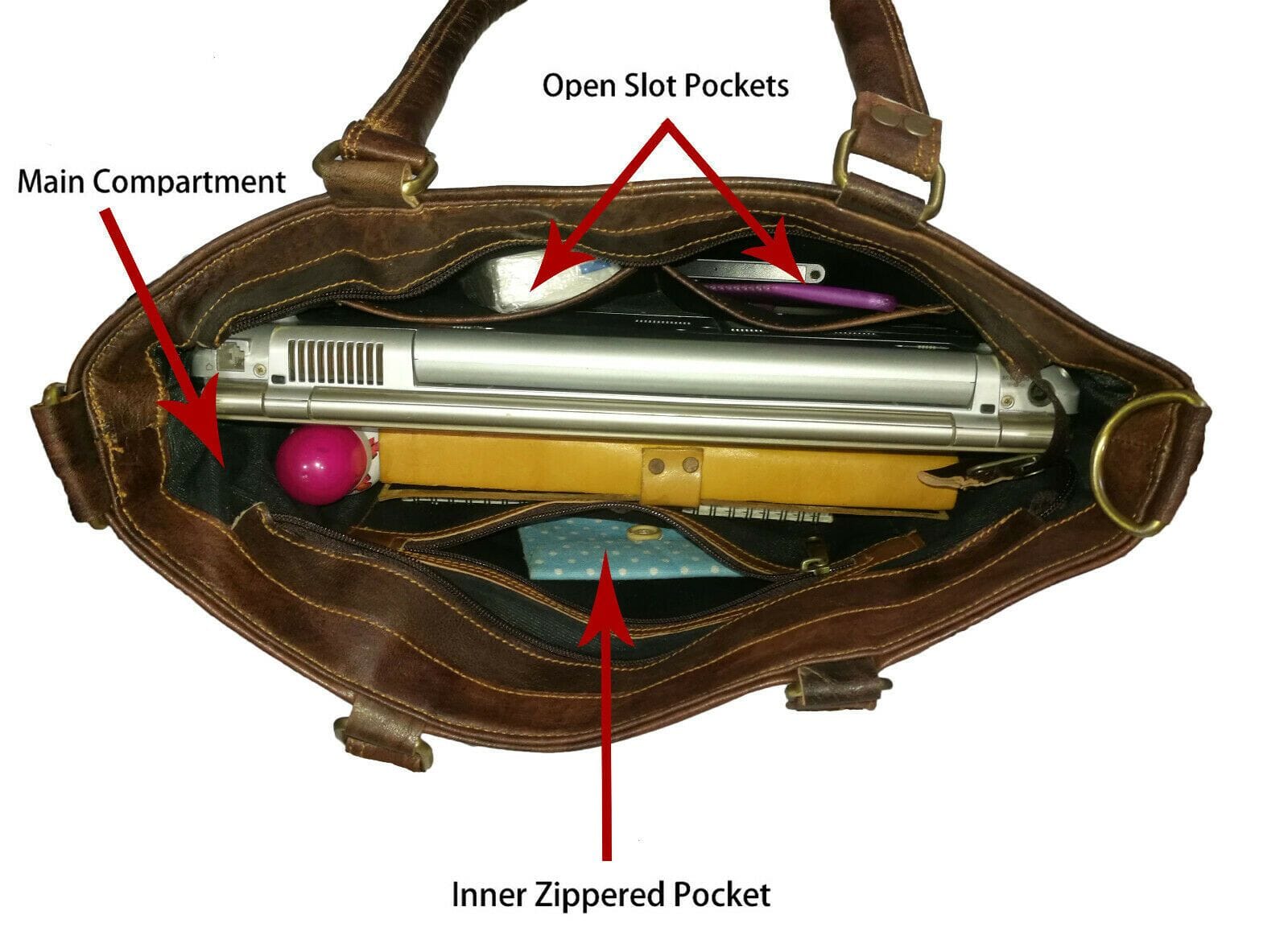 Brown leather bag with labeled compartments on a white background