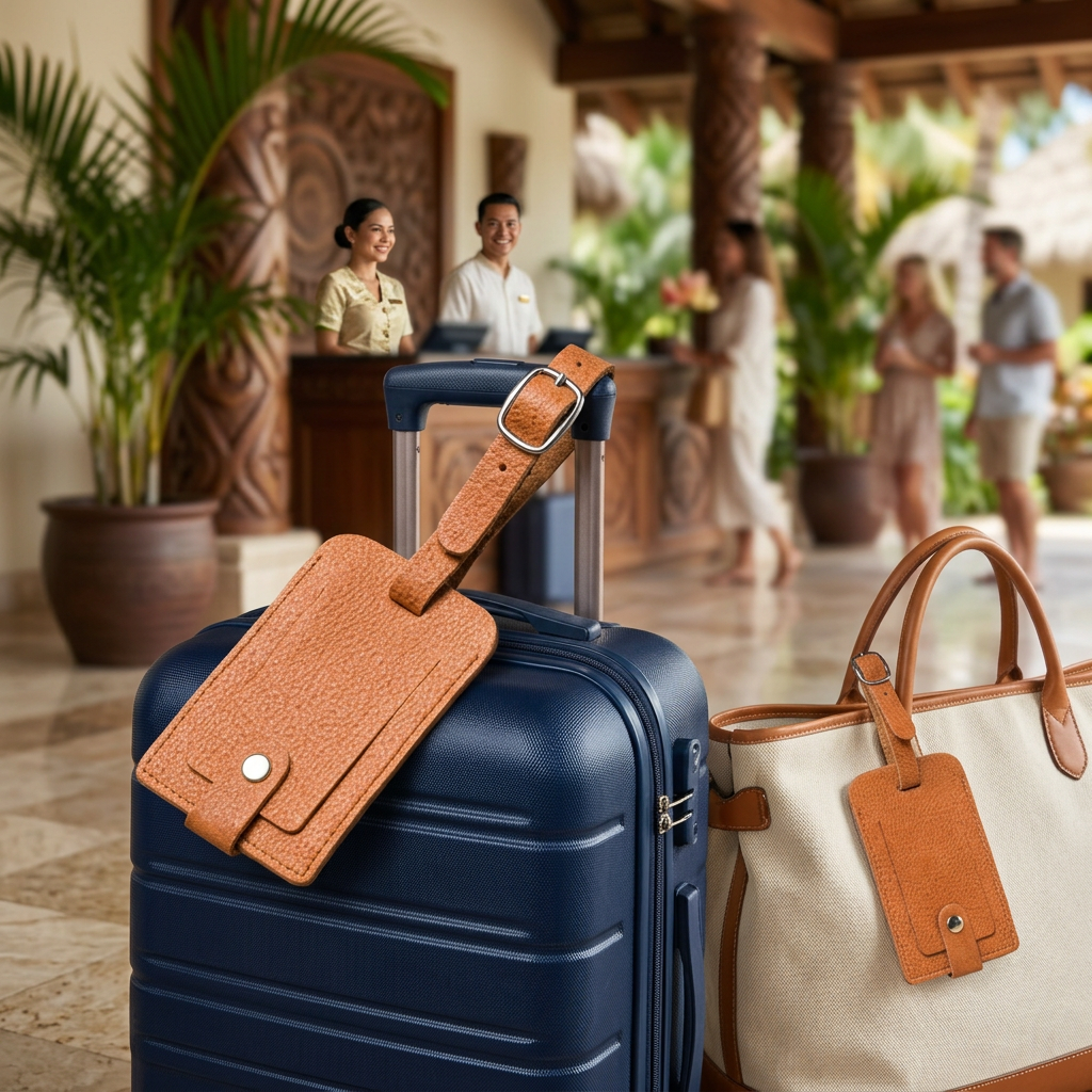Tan leather luggage tags on travel bags in a resort lobby