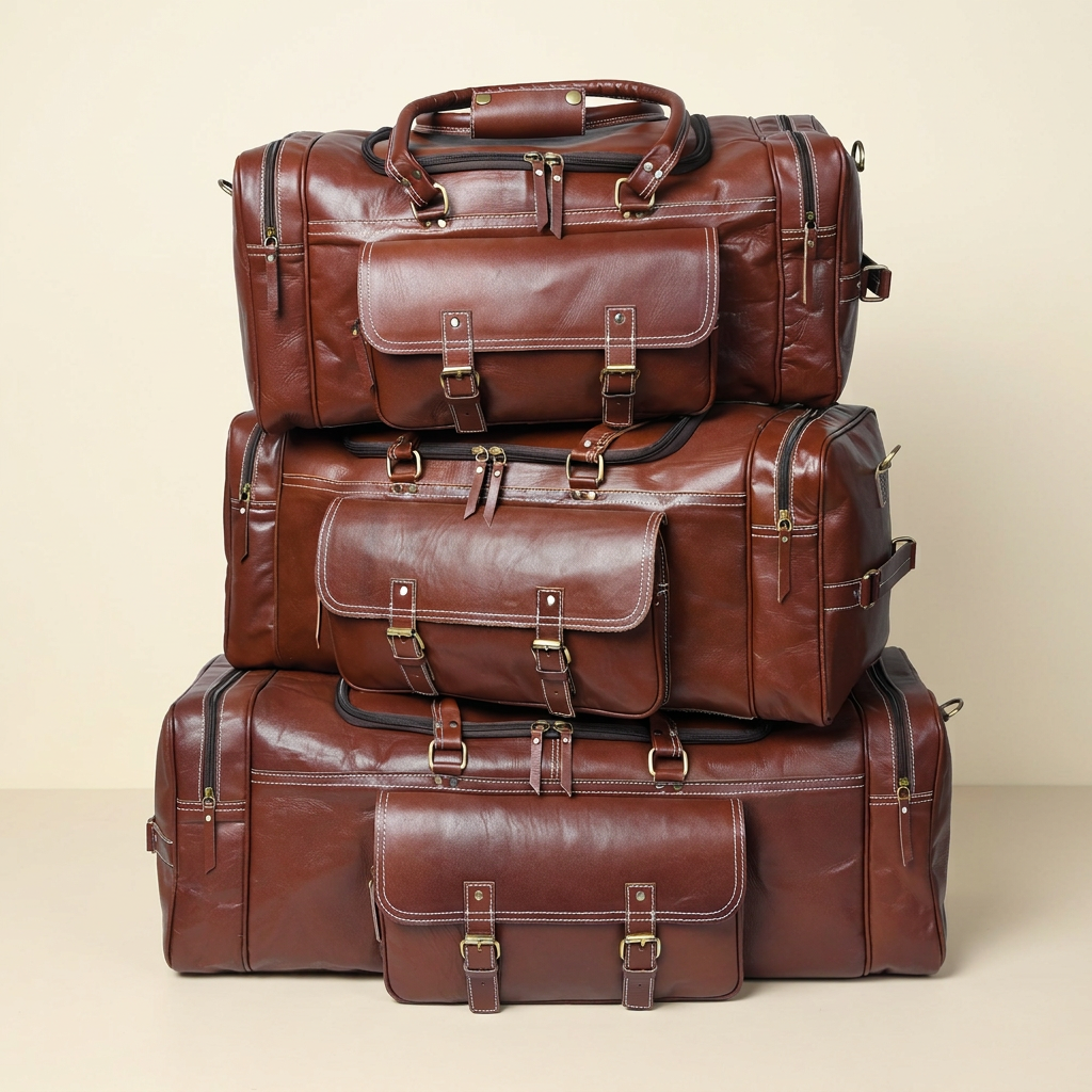 Three Traveler brown leather duffel sizes stacked against an ivory background, sold individually.