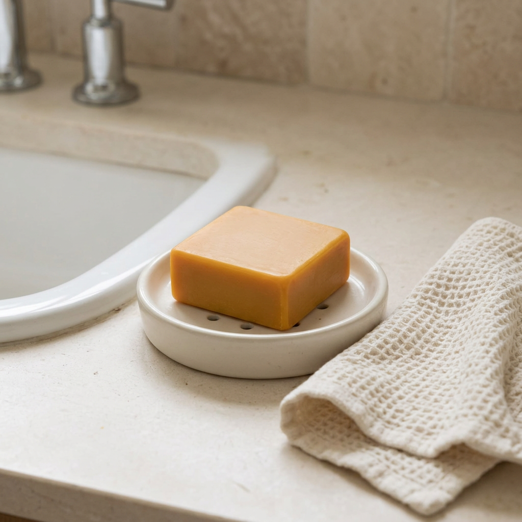 Golden turmeric soap bar in a cream ceramic dish beside a bathroom sink and ivory hand towel.