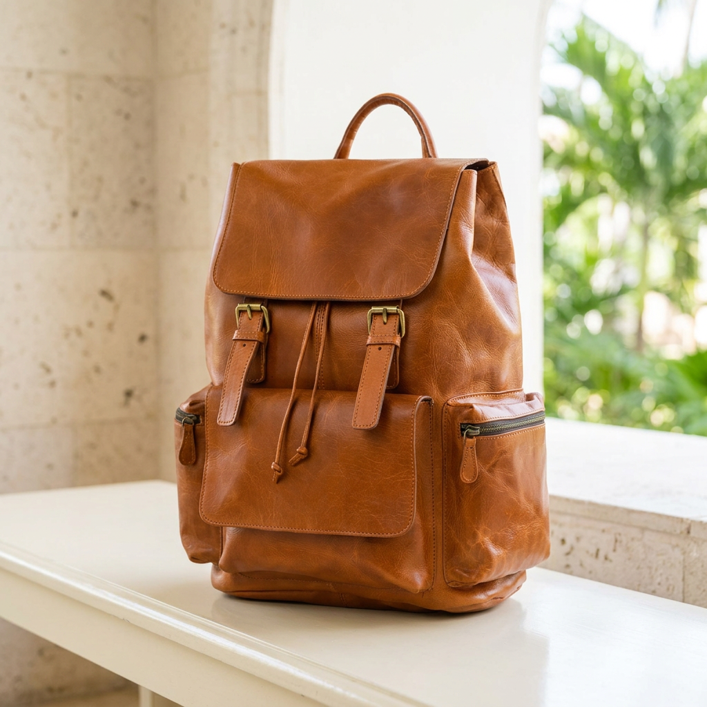 Vortex tan leather backpack in a bright resort lobby